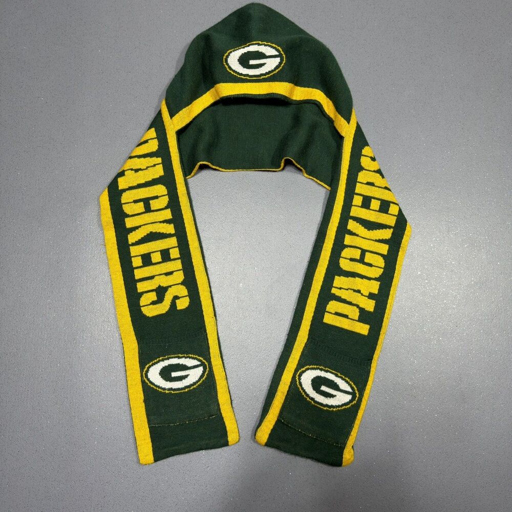 Vintage Green Bay Packers Hooded Scarf Pocket Mittens Knit NFL Beanie Scarf